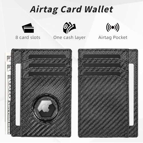 oriver AirTag Wallet for Men, Slim RFID Blocking Front Pocket Credit Card Mens Wallet Holds 8 Cards & Cash, Minimalist Small Wallet with AirTag Holder,Gift for Men(Carbon Fiber Black)2