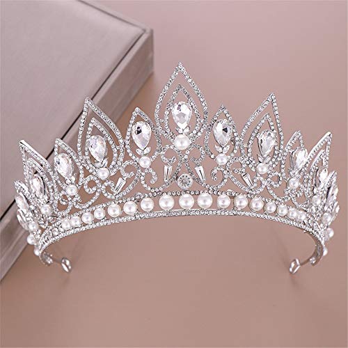 YCheng Tiara Crown Pearl Crystal Wedding Accesorios para el Cabello Plateado