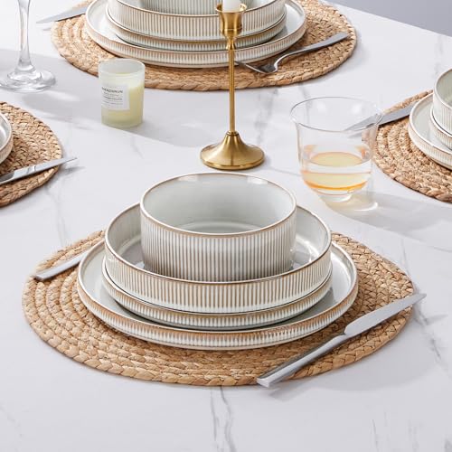 Image of E-far 16 Piece Dinnerware Sets, Plates and Bowls with Pasta Bowls Service for 4, Modern Stoneware Ribbed Dishes for Kitchen Dining, Microwave & Dishwasher Safe, Creamy Beige