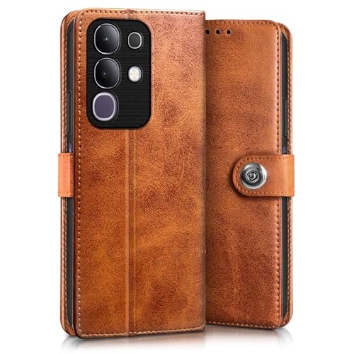 Image of WOW IMAGINE Shock Proof Flip Cover Back Case for Vivo T4x 5G | iQoo Z10x 5G | Vivo Y31 Pro 5G (Magnetic Button Flip Case | Wallet Pockets & Stand | Leather Finish | Alder Brown)