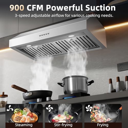 Image of Tiesay 30 Inch Under Cabinet Range Hood 900 CFM with Ductless Convertible Duct Kitchen Hoods, 3-Speed Adjustable, Dishwasher Safe Baffle Filters, LED Lights, Stainless Steel, Button Control