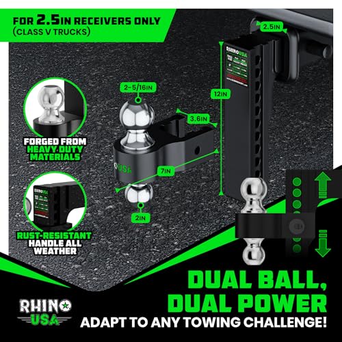 Image of Rhino USA Adjustable Trailer Hitch (Fits 2.5-Inch Receiver)-Heavy Duty Aluminum Tow Hitches with 10-Inch Drop /Rise for Truck (18,500 LBS GTW)- Weatherproof Double Anti-Theft Locking Hitch Pins (Black)