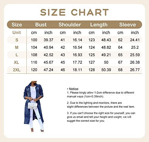 Women's Ripped Distressed Destroyed Classic Blue Maxi Denim Jacket Long Jean Trench Coat Outwear (Medium, Dark Blue) #TOP2