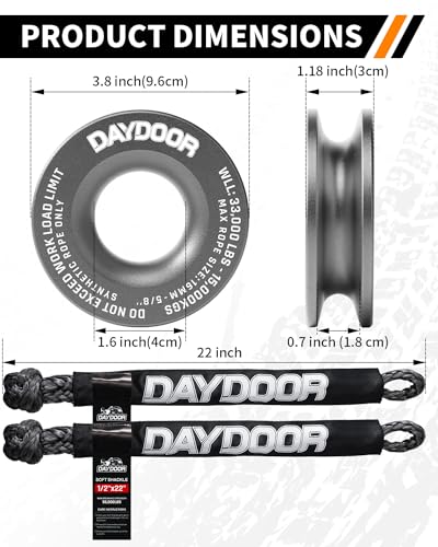 Image of DAYDOOR 56,000 LBS Soft Shackle Recovery Kit, 1 /2 inch x 22 inch (2-Pack) with 7075 Aluminum Snatch Ring, Winch Accessory for Jeep Wrangler, Bronco, 4Runner, Tacoma, ATV /UTV /Jeeps /SUVs, 4x4 Off-Road(Gray)