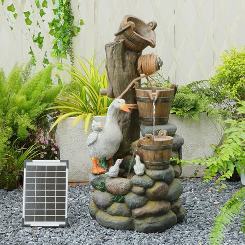 Solar-Wasserbrunnen für den Garten, 81 cm 3-stufiger Wasserfall aus Fässern mit Entenherdeund mit LED Beleuchtung Für Garten, Terrasse, Hinterhof, Veranda und Wohnraumgestaltung