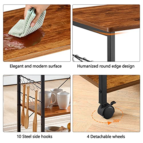 Mr Ironstone Kitchen Stand Microwave Cart 23.7'' For Small Space, Coffee Bar Table 3-Tier Rolling Utility Microwave Oven Rack On Wheels, Coffee Cart With Storage Bakers Rack With 10 Hooks, Vintage #TOP4