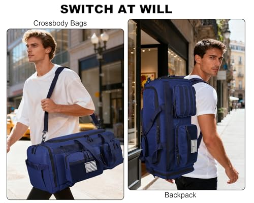 Image of LHI 50L Tactical Duffle Bag for Men, 3-in-1 Gym Duffle and Backpack, Shoe Compartment, Laptop Sleeve and MOLLE, Carry-On Travel Weekender and Overnight Bag - Blue