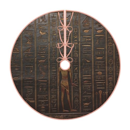 Ancient Egyptian Hieroglyph Print Christmas Tree Skirt Linen Xmas Tree Skirt Farmhouse Xmas Tree Mat for Christmas Decorations 36"