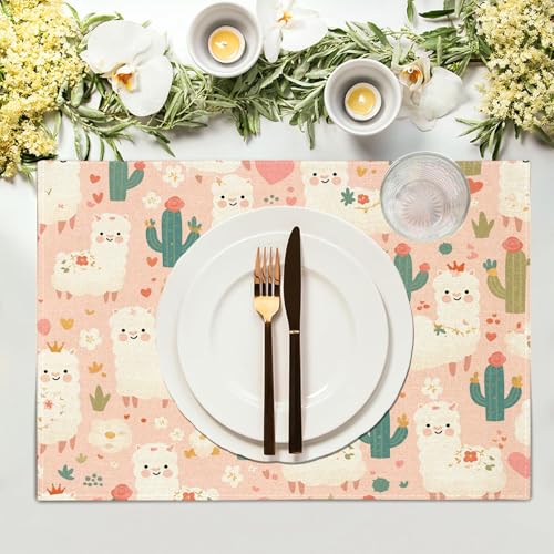 Set de table alpaga blanc motif cactus rose clair lavable 45x30cm - 4