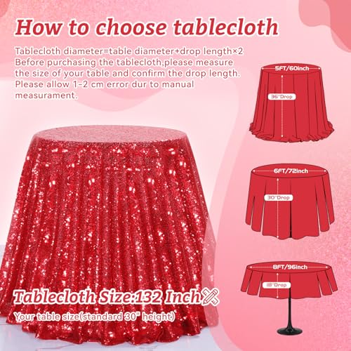 Image of B-COOL Sequin Tablecloth Round Party Decorations: Red Table Cloth Overlay 132 Inch Large Sparkle Fabric for Christmas Birthday Beach Parties