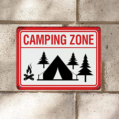 Warning Tin Plaque Camping Zone Street Metal Tin Sign Rust Free UV Durable Protected Home Ourdoor Sign for Home Living Room Porch Coffee Shop 8x12 Inch