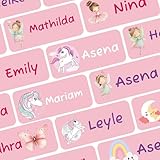 Namensaufkleber für Kinder, Kleidung & Gegenstände Namensschilder personalisiert und waschmaschinenfest, Schule und Kindergarten (Prinzessinnen und Einhorn, 42 Stück)
