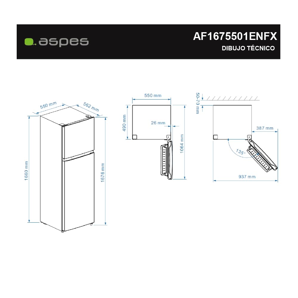 Aspes Frigorífico 2 Puertas Inox AF1675501ENFX. Capacidad 251 Litros, Puerta Reversible, Bajo Nivel Sonoro, Eficiencia Energética Clase E