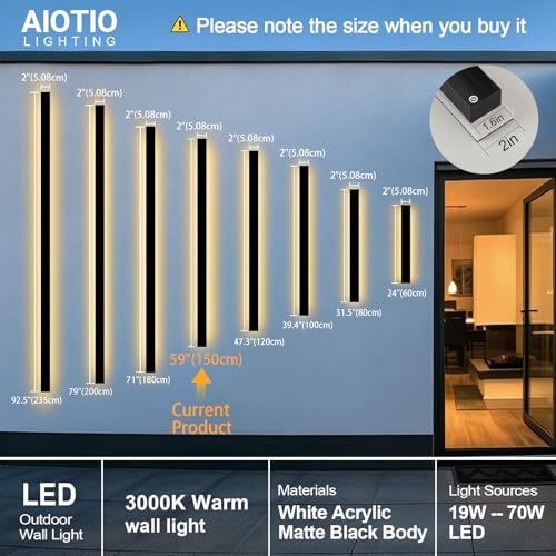 Image of AioTio Modern Outdoor Wall Light, 59inch Dimmable Exterior Lighting Fixture Wall Mount,Black IP65 Waterproof Porch Lights Wall Sconce,Long LED Linear Outside Lighting for Garage,House,Corridor,Balcony