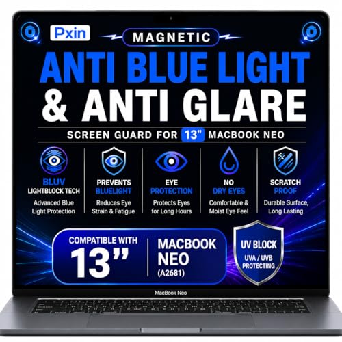 Image of Pxin Magnetic Laptop Anti Bluelight and Anti Glare Screen Guard compatible with 13 Inch Macbook Neo | BLUV Lightblock Tech | Scratch Proof | Prevents bluelight | Eye Protection | No Dry Eyes