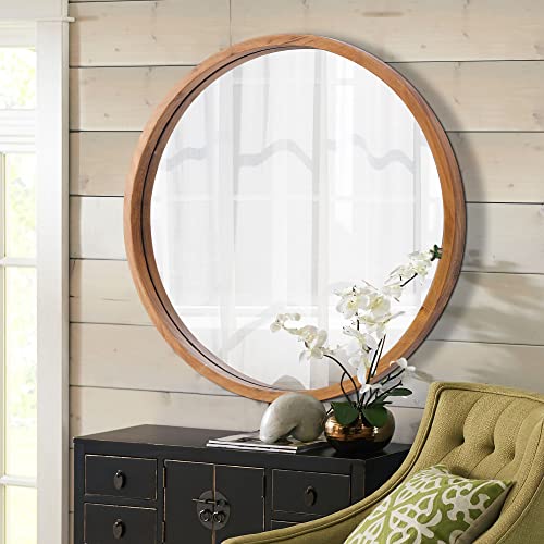 Clavie Round Decorative Mirror, Wood Frame Round Wall Mirror, Rustic