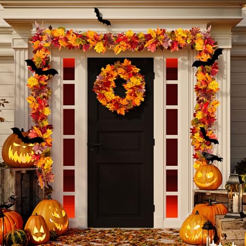 Image of Fall Maple Leaf Garland, Yellow, 2PCS, 11.8FT | Thanksgiving Artificial Hanging Fall Leave Vines, Fall Floral Garlands, Halloween Autumn Decor, For Home Wedding Party
