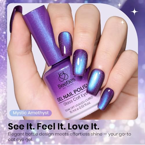 Image of Beetles Mystic Amethyst Purple Cat Eye Gel Nail Polish - 15ML Full Size Purple Cat Eye Glitter Spring Gel Polish Magnetic Translucent Glassy Effect Soak Off UV Nail Art DIY Manicure Gifts