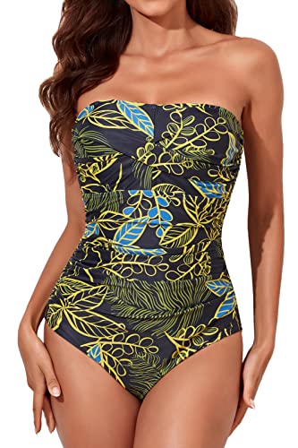 Image of Smismivo Tummy Control Swimwear Strapless One Piece Swimsuit Ruched Bathing Suits for Women Slimming Bandeau Tube Top Bikini