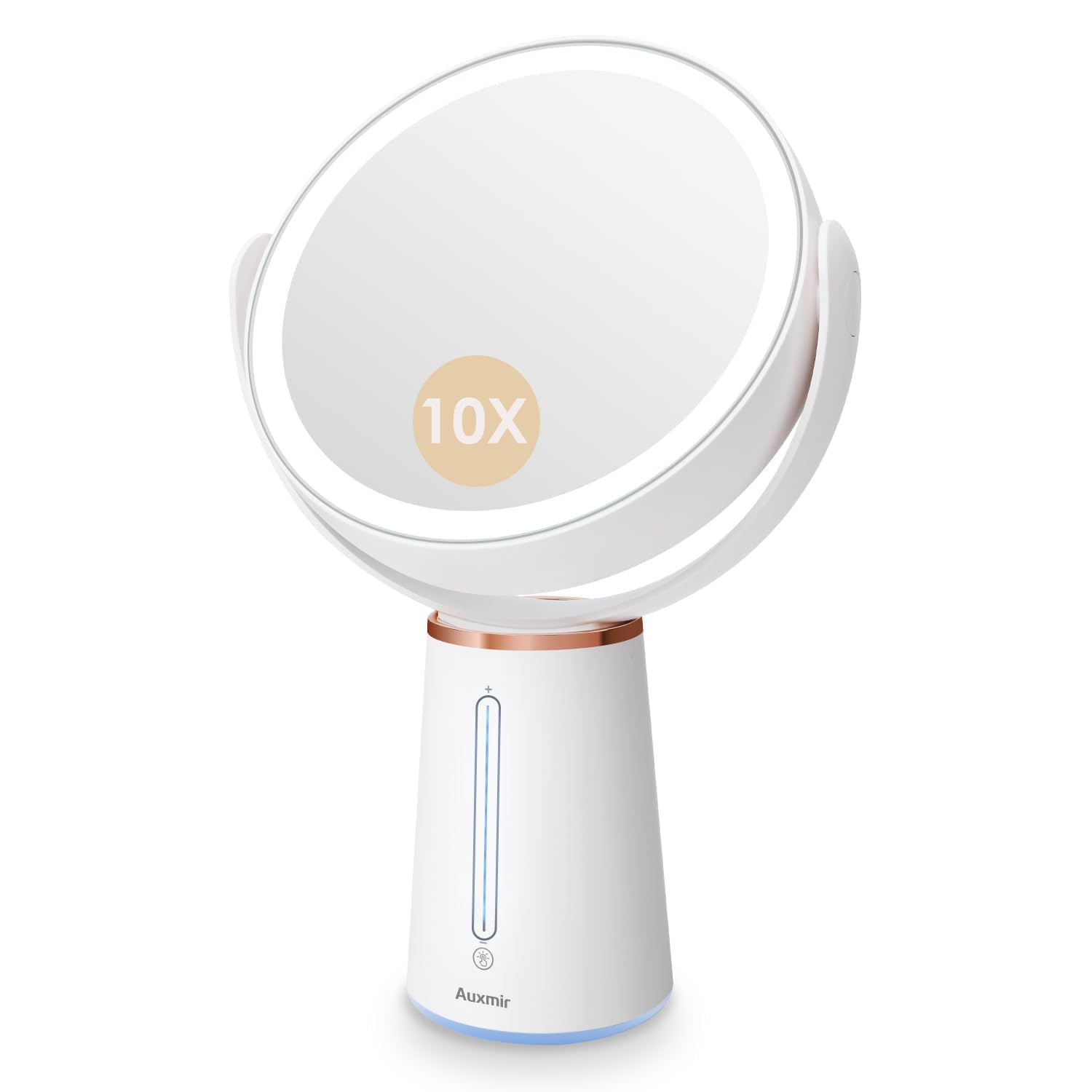 Auxmir Espejo Maquillaje con Luz LED, Aumento 10X/1X Doble Cara 360 Giratorio, Recargable 2500 mAh con USB, 10 Niveles de Brillo Ajustables, Táctil Sobremesa para Afeitado Depilación Cejas Baño
