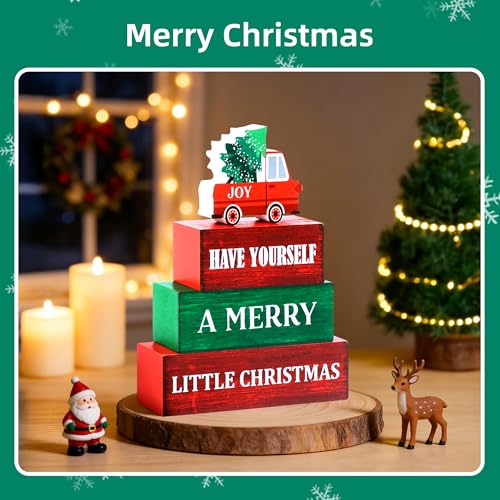 Image of 4 Pcs Christmas Wooden Tiered Tray Decor, Merry Christmas Decorations Gifts for Home, Winter Table Centerpiece for Xmas Party Kitchen Office