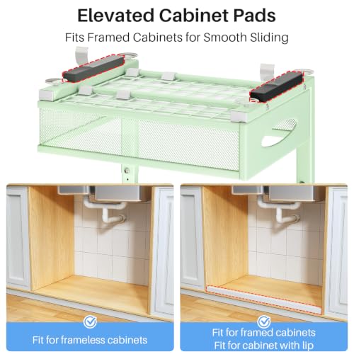 Image of Under Sink Organizer, 2 Tier Pull Out Under Cabinet Organizer Shelf with Pad for Framed Cabinets, Metal Slide Out Under Sink Storage, Mesh Sliding Drawers for Kitchen Bathroom Laundry(Green, 1 Pack)