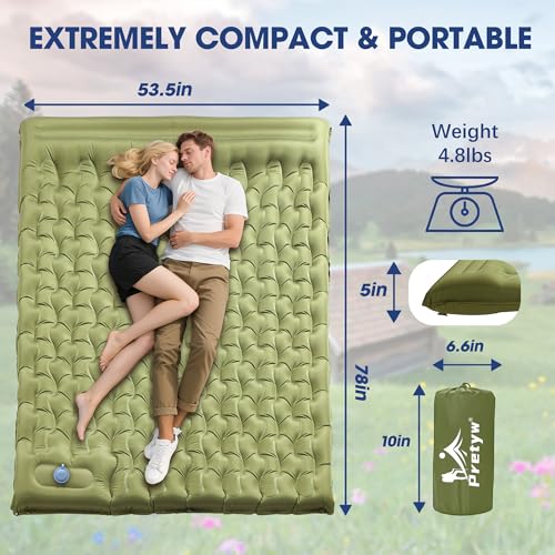 Image of Double Camping Pad 5 inch Ultra-Thick with Pillow & Built-in Foot Pump | Sleeping Mattress，Compact 2-Person Portable Camping Mat for Backpacking, Hiking, Car Traveling, Beach, Tent