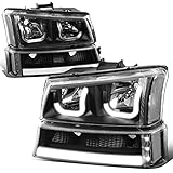 Auto Dynasty LED DRL Headlights Assembly Compatible with 2003-2007 Chevy Avalanche Silverado 1500-3500, Driver and Passenger Side 4Pcs J-Halos Headlamps w/Signal Lamps, Black Housing Clear Corner