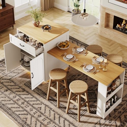 Îlot Central Cuisine avec Plan de Travail Extensible 140-193 cm, Table de Bar avec Rangement, 2 Tiroir et 4 Portes, Armoire à Vin, Éclairage LED, pour 4-6...
