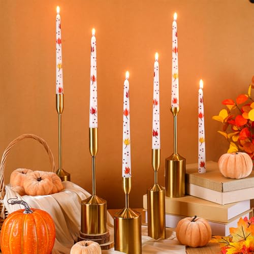 Image of Threlaco 6 Pcs Fall Red Maple Leaf Taper Candles 9.8 inch Unscented Taper Candles Prints Dinner Table Home Decorations for Thanksgiving Autumn Festive Halloween Party Gift