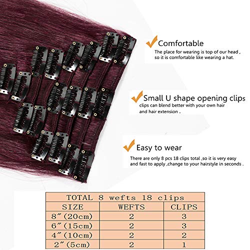 10 inch Real Hair Clip in Hair Extensions 100% Remy, #99J Wine Red - Image 4