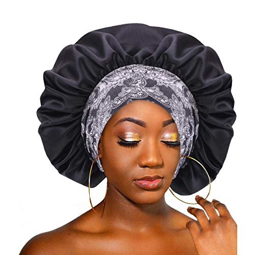 Satin Bonnet Silk Bonnet Sleep Cap For Women Adjustable Hair Bonnet Sleeping Night Sleep Hat For Women Black #TOP1