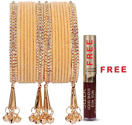 Image of NMII Metal with Zircon Gemstone and Velvet Studded Bells Latkan Bangles Set For Girls and Women I Latkan Bangles, Premium Bangle Bracelet Set I Pack of 16 Bangles