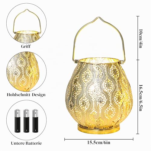 TRIROCKS 2er-Set Marokkanische Dekorative Tischlampen aus Metall 26 cm Hoch Batteriebetriebene Kabellose Laternen für Zuhause Wohnzimmer Garten Hof Partys Veranstaltungen Drinnen Draußen (Gold) – Bild 2