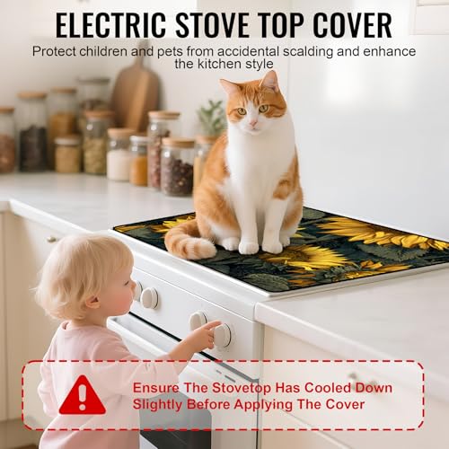 Image of NYZE Stove Cover for Electric and Glass Stove Tops 3-in-1 Stove Mat, Heat Resistant Counter Protector Mat, Non-Slip Surface & Drying Rack (Retro Sunflowers, 28.5 inchLx20.5 inchW)