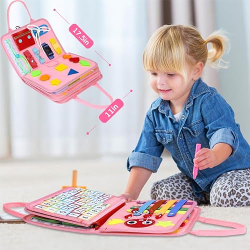 Image of SHINETOY Montessori Busy Board Activity Book, Pink, Educational Learning Toy, Fine Motor Skills Development, Cognition and Hand-Eye Coordination, Portable Travel Toy with Handle, Fairy Pink