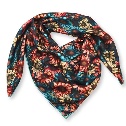 Wild Rag Silk Scarf 36'', Western Cowboy Bandana Square Silky Wild Rags,Teal & Rust Vintage Daisy Floral Tribal Scarves for Men & Women