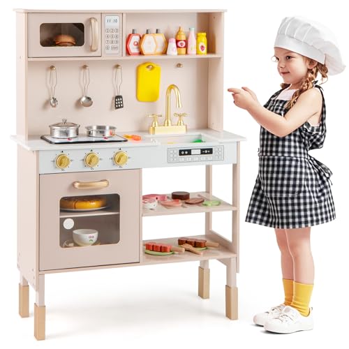 GOPLUS Cocina de Juguete para Niños, Cocinita Infantil con Fogones con Luz y Sonido, Horno y Grifo, Utensilios de Acero Inoxidable y Verduras de Juguete Cortables, Ajustable en Altura para 3+ Años