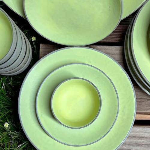 Image of Hand Painted Ceramic Dinnerware Set - 18 Pieces | 6 Dinner Plates, 6 Small Plates, 6 Katori Bowls | Earthy Yellow| Microwave & Dishwasher Safe | Perfect for Home & Gifting