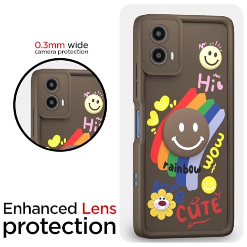 Image of Pikkme Back Cover for Motorola Moto G34 5G / G45 5G | Soft Silicone| Cute Rainbow Smile & 3D Cartoon Flower Design | Shockproof Raised Camera Protection Bumper Case (Brown)