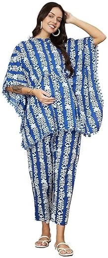 Aaheli Blue &amp; White Printed Cotton Maternity Kaftaan Set with Adjustable Waist and Elasticated Pants – Comfort Fit for Pre...