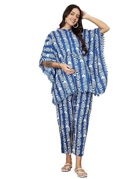 Women's Blue & White Cotton Printed Maternity Kaftan Set | Adjustable Waist & Elasticated Pants | Comfort Fit for Pre & Post Pregnancy | Soft Nursing & Lounge Wear | Size L-image-26