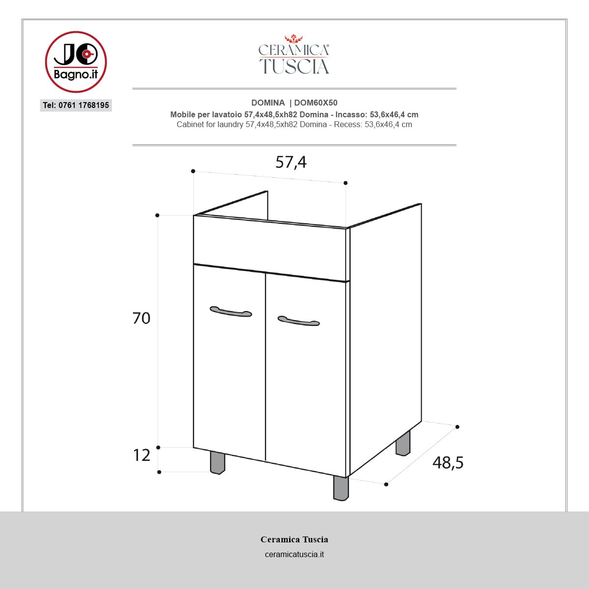 Ceramcia Tuscia Mobile LAVATOIO Ceramica 60 x 51 x H 88 YORK Design Bianco Antigraffio con Vasca Profonda 25,5 cm (NO Foro Rubinetto)