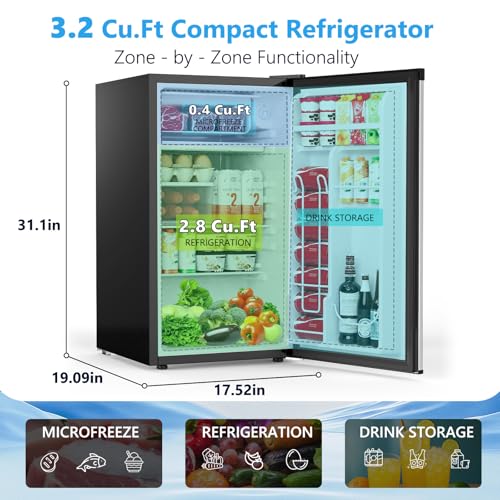 Image of COWSAR 3.2 Cu.Ft Dorm Fridge with Freezer, Single Reversible Door Compact Refrigerator, Adjustable Thermostat, 2 Removable Shelves, Commercial Drink Fridge for Bedroom, Office, Kitchen, Dorm, Silver