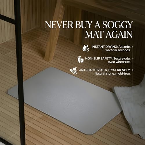Image of Stone Bath Mat | Diatomaceous Earth Non-Slip Quick Drying Bathroom Floor Mat | Super Absorbent Bathtub & Shower Mat | Odor Free, Safe & Clean for Bathroom & Kitchen (Ivory, 39.5 x 59.5 cm)