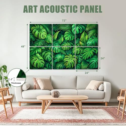 6 paneles acústicos decorativos con hojas tropicales verdes, absorción de sonido, adhesivos para estudios y oficinas, tamaño 72"x48" miniatura 2