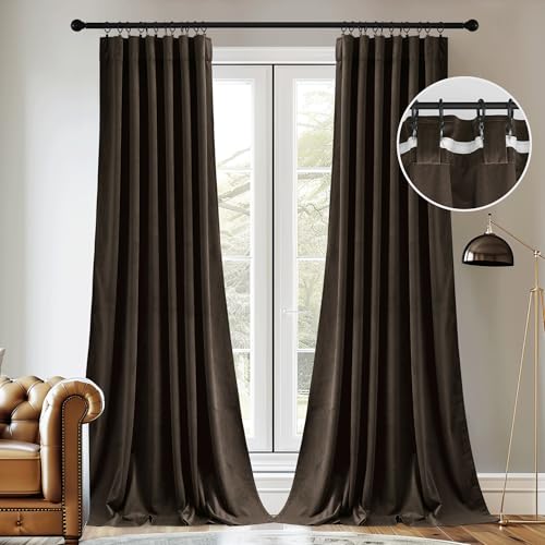 Image of StangH Brown Velvet Curtains 96 Inch Length, Elegant Espresso Drapes for High Ceiling Living Room, Soundproof Room Darkening Window Decor with Back Tab & Hook Belt, W52 x L96, 2 Panels