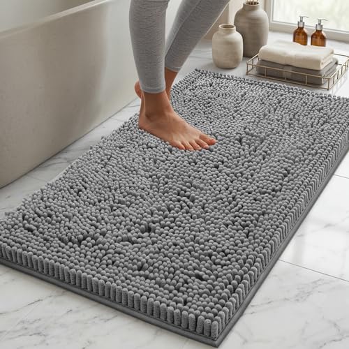 LuxUrux Bath Mat, Extra-Soft Plush Non-Slip Bathroom Rug, Luxury Chenille Microfiber Material, Super Absorbent Shaggy Bath Rug. Machine Wash & Dry (17 x 24 inches, Light Grey)