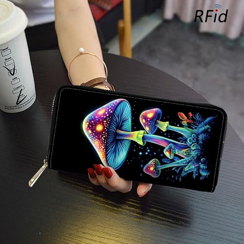 Image of RFID Blocking Leather Wallet for Women - Large Capacity Zip Around Clutch with 8 Card Slots,37 Cash Pockets & Coin Zipper,Mushroom