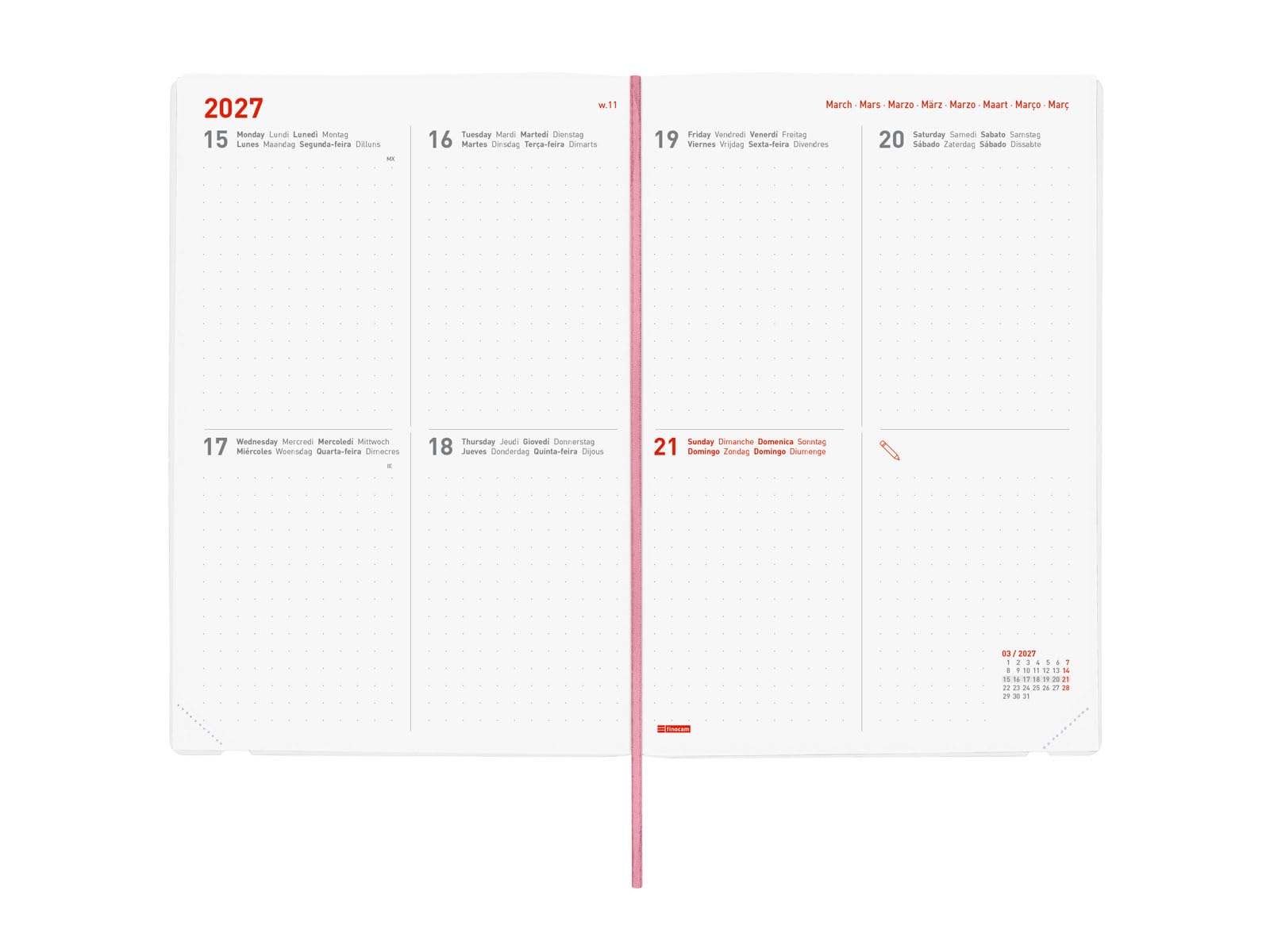 Finocam Dotted Weekly Planner 16-Month | Weekly View Horizontal Layout · September 2026 to December 2027 | Gala · International - Week-to-view diary